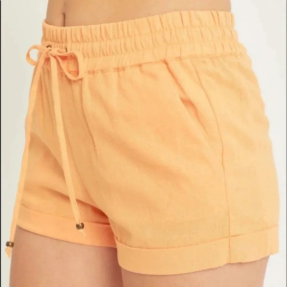 Linen Shorts Drawstring Pull-On Style Side Pockets Smocked Elastic Waist Cuffed - Picture 4 of 4